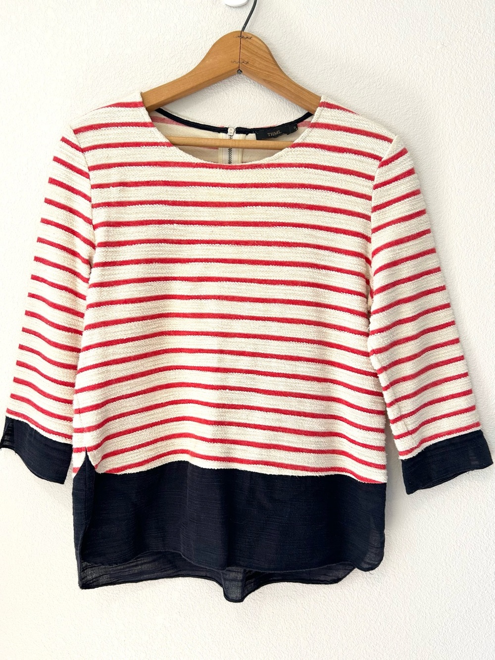 THML Nautical Striped Knit Top 3/4 Sleeves Coastal Preppy Navy Fisherman Size S